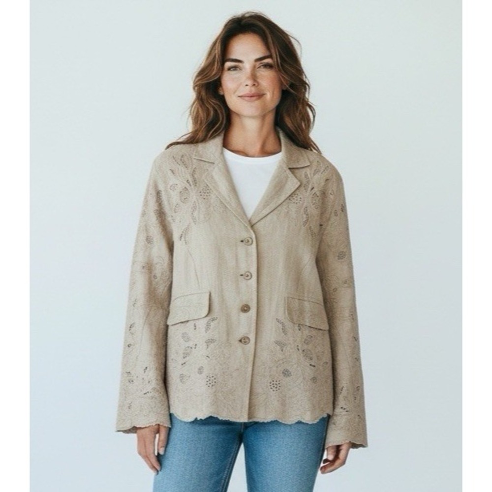Sundance Women's L Crop Embroidered Lace 100% Raw Edges Jacket Blazer Beige EUC